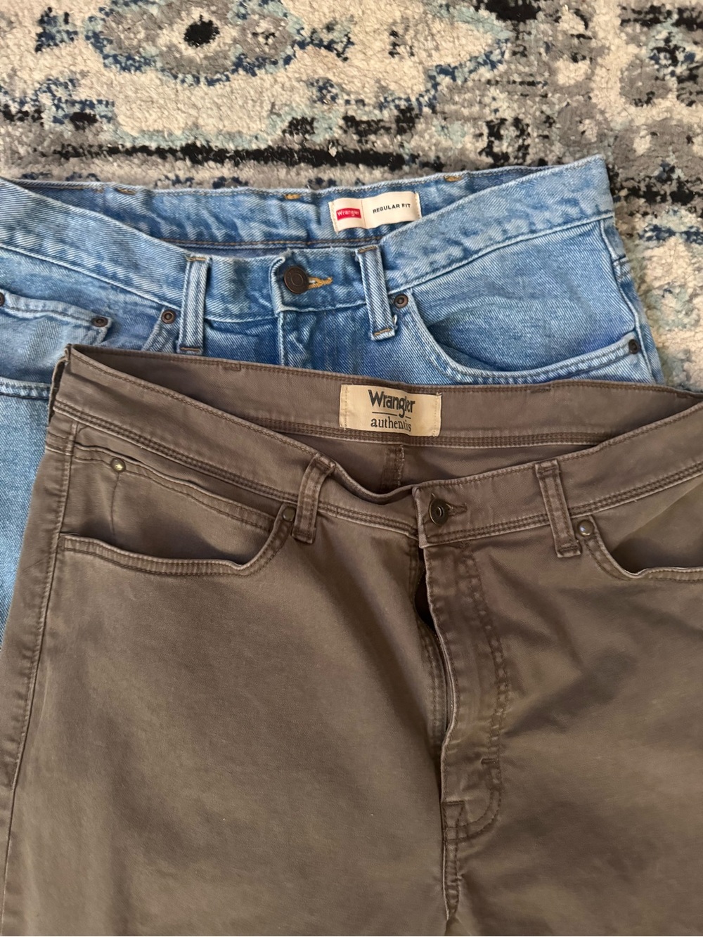 2 Pairs Wrangler Jeans - Brown and Light Blue + FREE New Dickies Pants 34x32